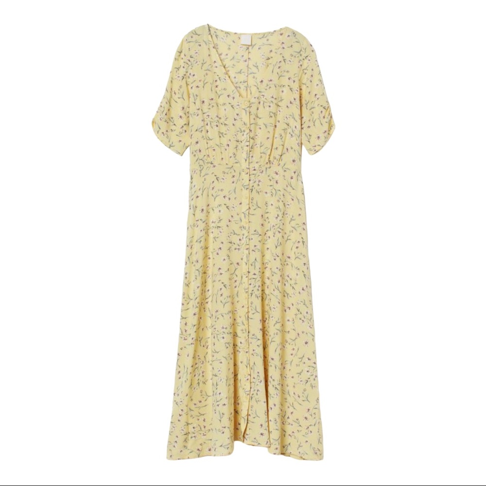 H&M yellow calf length dress light yellow floral